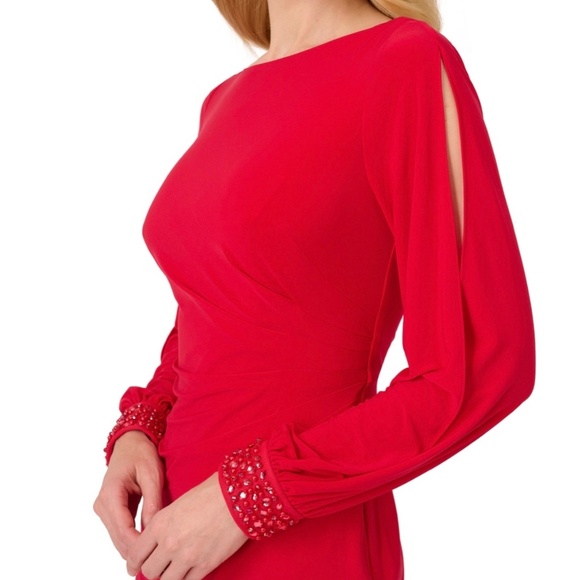 NWT ADRIANNA PAPELL Woman’s Beaded-Cuff V-Back Red Dress Size 4. Hot Ruby - Picture 3 of 8